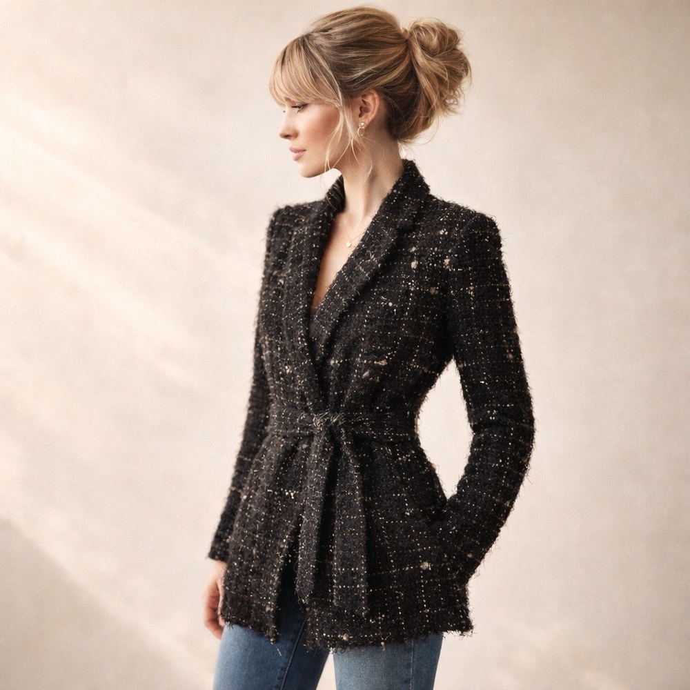 IRO Paris French Girl Tweed Belted Jacket Fringe Texture Grid Fleck Knit M